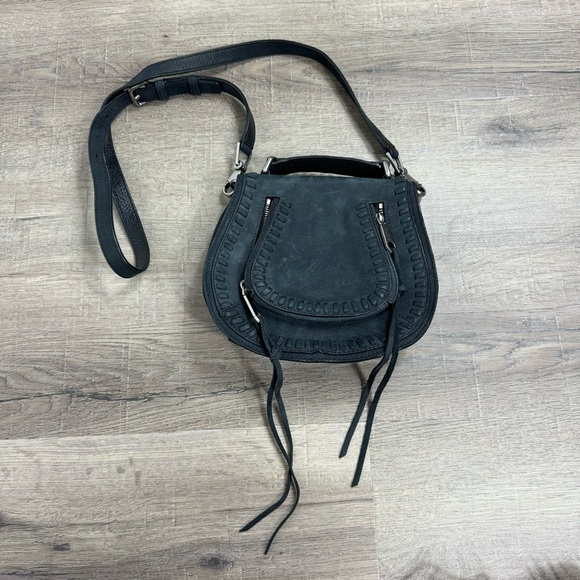 Rebecca Minkoff Black Vanity Saddle Bag Crossbody Purse Suede Leather - Picture 1 of 13